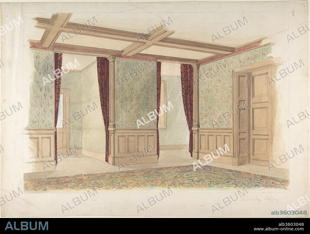 JOHN GREGORY CRACE (BRITISH, LONDON 1809-1889 DULWICH), AND SON and JOHN DIBBLEE CRACE. Whitley Abbey, interior. Artist: John Gregory Crace (British, London 1809-1889 Dulwich) , and Son; John Dibblee Crace (British, London 1838-1919 London). Dimensions: sheet: 13 5/8 x 19 1/2 in. (34.6 x 49.6 cm)
image: 11 7/16 x 16 15/16 in. (29 x 43.1 cm). Date: ca. 1888.