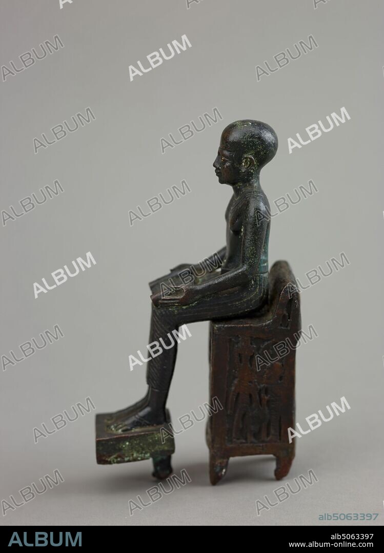 Imhotep Figurine, Late Period Seated figure of Imhotep with scroll on knee and bronze seat decorated with figures of gods, Ancient Egypt, Religion, Metal, Metal, Bronze, Scroll, Male, Antiquities, Ancient Civilisations, Antiquities, Ancient Egypt, Antiquities, North Africa.