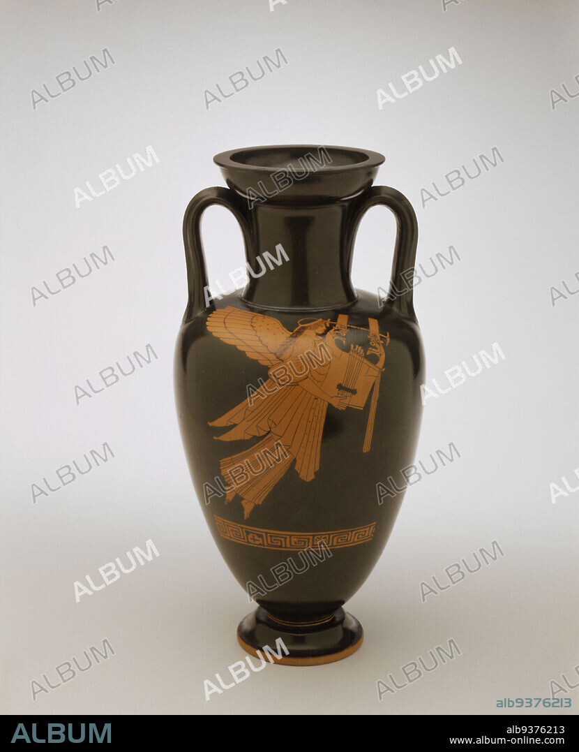 Amphora with Nike and Youth, attributed to the Berlin Painter, active 500460 BC, Attic Greek, Classical period, 480323 BC, 490460 BC, Red-figure ceramic, Athens, Attica, Greece, Europe, Ceramics, containers, 14 3/8 x 8 1/4 x 8 in. (36.5 x 21 x 20.3 cm).