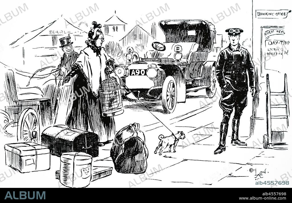 A cartoon depicting a wealthy older woman having her luggage unpacked from her motor car. Dated 20th century.