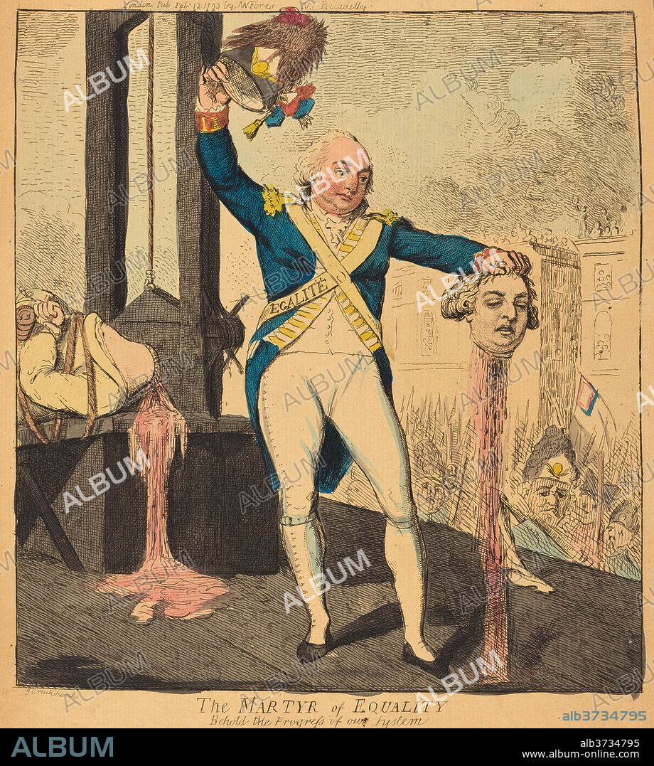 ISAAC CRUIKSHANK. The Martyr of Equality. Dated: 1793. Dimensions: plate: 24.4 x 22 cm (9 5/8 x 8 11/16 in.)  sheet: 26.7 x 22.5 cm (10 1/2 x 8 7/8 in.). Medium: hand-colored etching on laid paper.