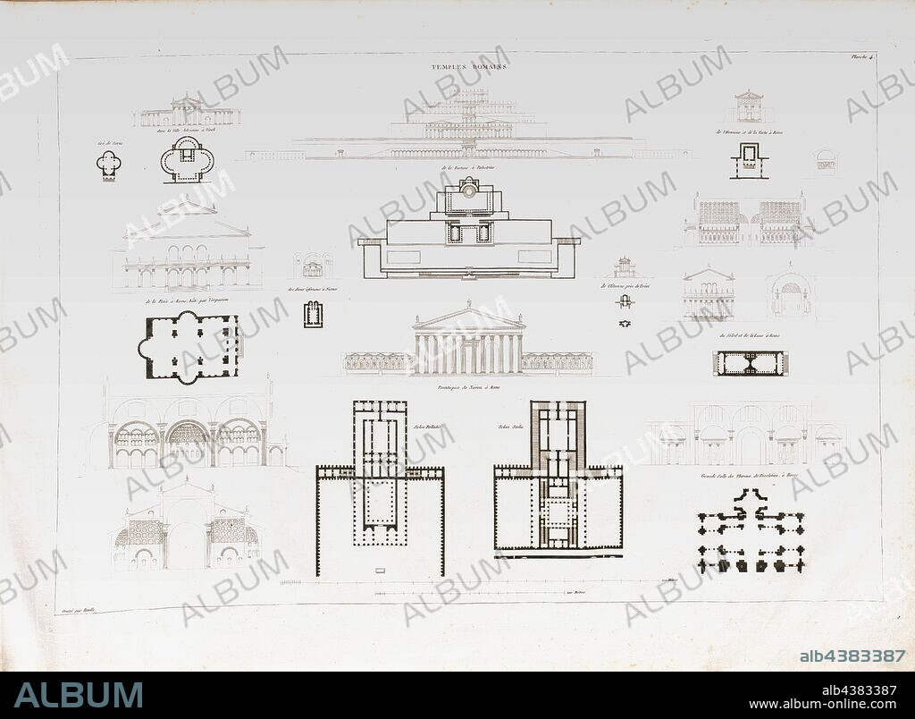 Roman temples 2, Plans and elevations of Roman temples, Signed: Gravé par Réville, Pl. 4, S. 17, Réville (gravé), Jean-Nicolas-Louis Durand: Recueil et parallèle des édifices de tout genre, anciens et modernes, remarquables par leur beauté, par leur grandeur ou par leur singularité, et dessinés sur une même échelle. Paris: chez l'auteur, 1801.