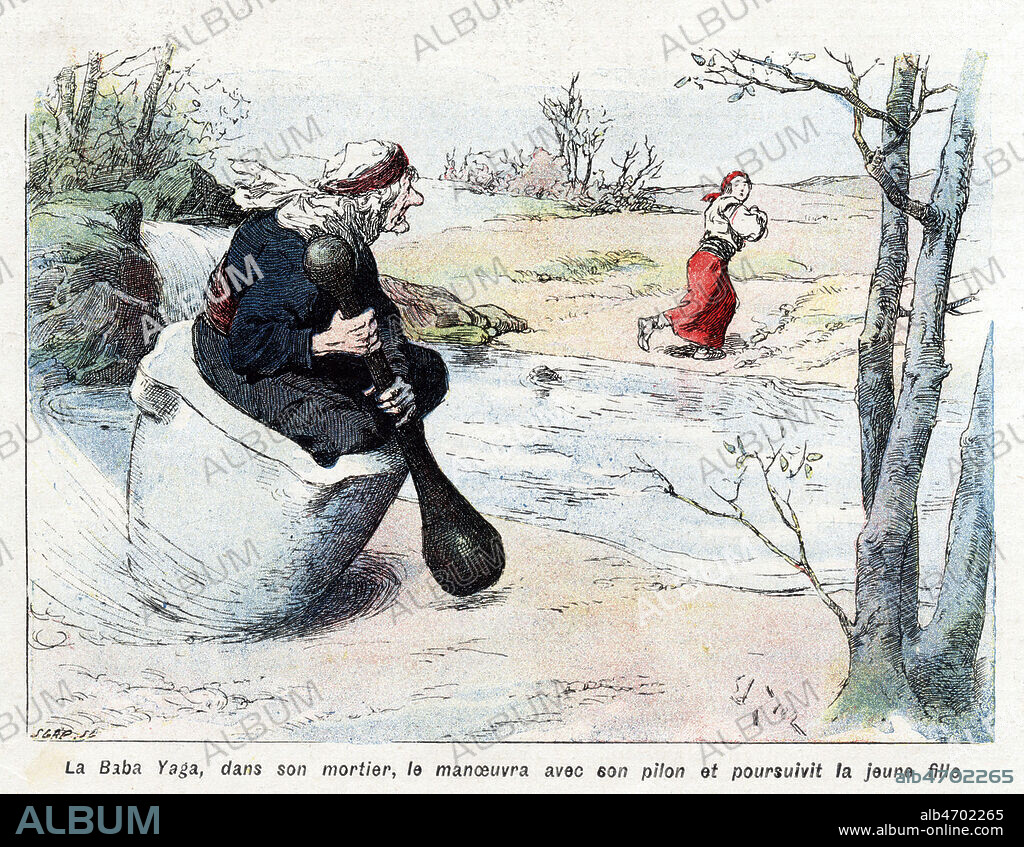 La Baba Yaga, dans son mortier, le manoeuvra avec son pilon et poursuivit la jeune fille. Illustration de Edouard ZIER (1866-1924) pour La Baba Yaga Conte populaire russe publie dans Le Monde illustre du 17 decembre 1904. Credit : Collection Kharbine-Tapabor.
