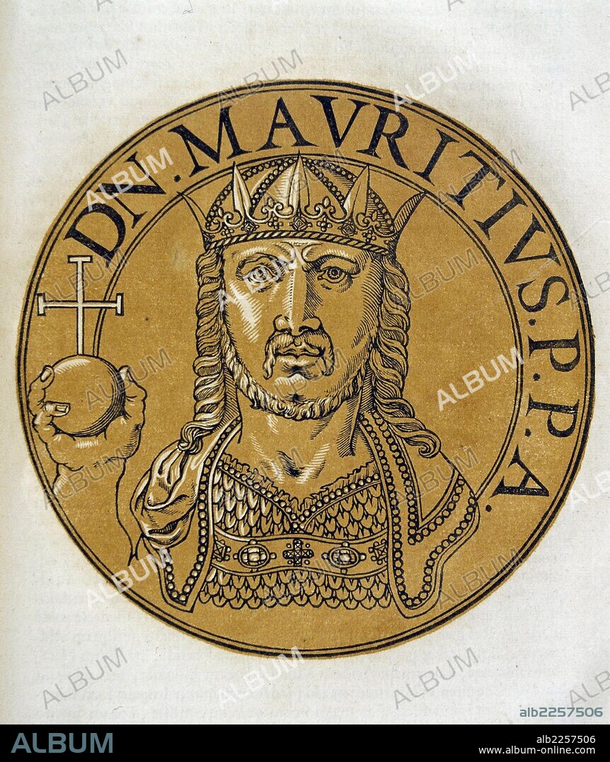 MAURICIO. FLAVIUS MAURICIUS TIBERIUS. EMPERADOR BIZANTINO 539 - 602. GRABADO BIBLIOTECA NACIONAL. MADRID.