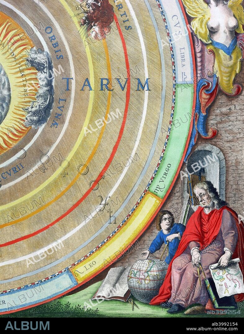 An astronomer, detail from a map of the planets, 1660-1661. From The Celestial Atlas, or The Harmony of the Universe (Atlas coelestis seu harmonia macrocosmica) by Andreas Cellarius, published by Johannes Janssonius, (Amsterdam 1660-1661).