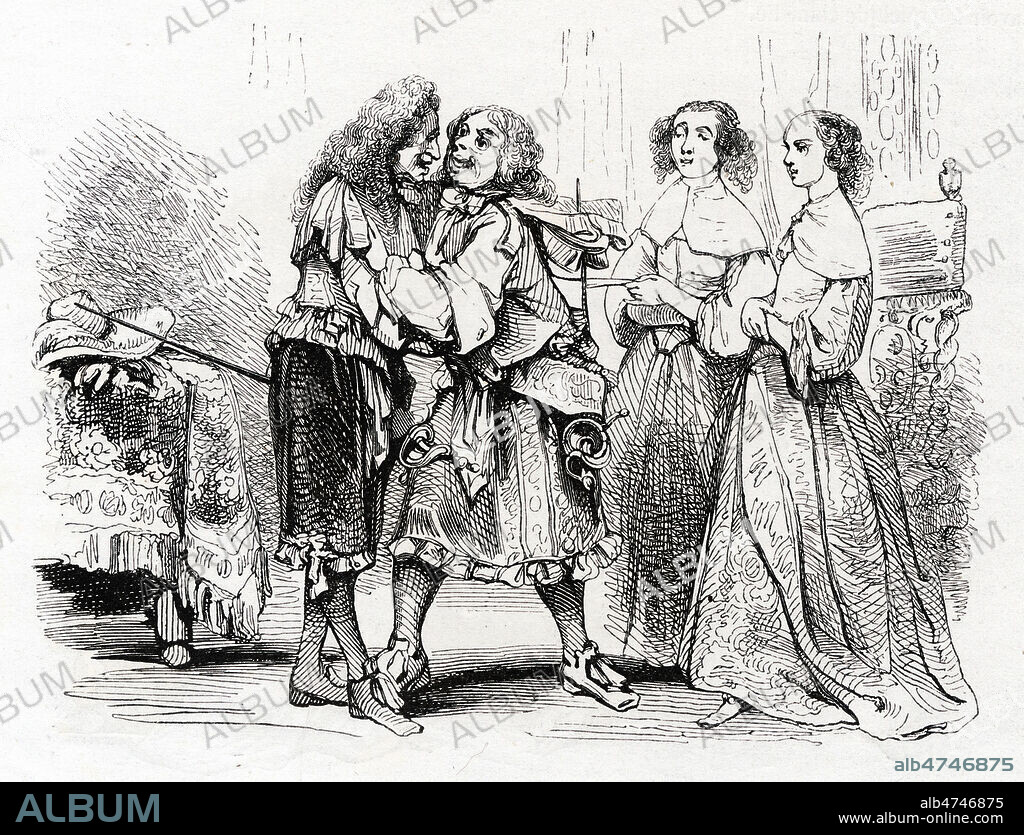 Mascarille, Jodelet, Madelon et Cathos. Scene 12. Illustration de 1843 par Tony JOHANNOT (1803-1852) pour Les precieuses ridicules de MOLIERE (1622-1673). Credit : Collection Kharbine-Tapabor.