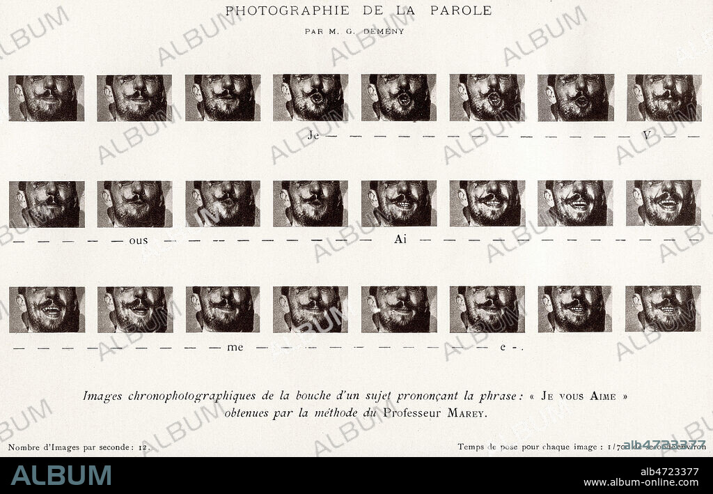 Photographie de la parole par Georges DEMENY (1850-1917). Images chronophotographques de la bouche d'un sujet prononcant la phrase 'Je vous aime' obtenue par la methode du professeur Etienne-Jules MAREY (1830-1904). Paris-Photographe de 1891. Credit : Coll. Brice / KHARBINE-TAPABOR.