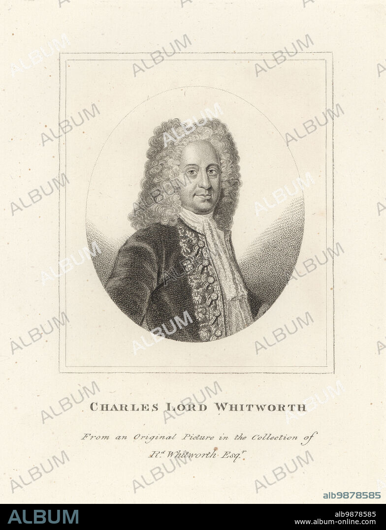 Charles Whitworth, 1st Baron Whitworth, British diplomat, 1675-1725. In wig, cravatte and coat. Charles Lord Whitworth, from an original picture in the collection of R. Whitworth. Copperplate engraving from Samuel Woodburns Gallery of Rare Portraits Consisting of Original Plates, George Jones, 102 St Martins Lane, London, 1816.