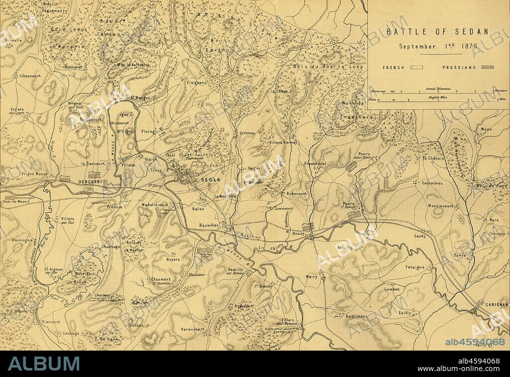 R. WALKER. Map of the Battle of Sedan, 1 September 1870, (c1872). Map: 'Drawn under the Superintendance of Captain Hozier', showing the enemy positions. The Battle of Sedan was a national humiliation for the French, as their army was decisively defeated by the Prussians commanded by Moltke, and the Emperor Napoleon III captured. The defeat led to the fall of the French Second Empire and the occupation of Paris by the Germans and, in 1871, the creation of the German Empire. From "The Franco-Prussian War: its causes, incidents and consequences", Volume I, by Captain H M Hozier. [William Mackenzie, London, 1872].