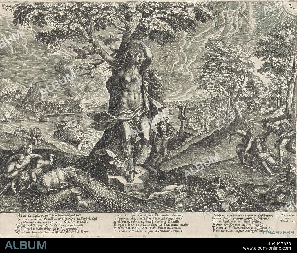 Allegory of Patience during the Period of War, Political allegory of patience during the time of the Eighty Years' War, ca. 1577. The female personification of Patience (Patientia), depicted as a naked woman, is chained to a tree. Next to her head fly an owl and a bat. In front of her on the ground is the opened gospel, in reference to the comfort she finds in faith. The personification of Discord (Discordia) lies at her feet, she has time on her side (symbolized by the hourglass in her hands). Surrounding scenes of murder and robbery. On the right a woman with child is attacked by two soldiers. On the left two dead children and a lamb, a third child is attacked by a lion. In the background, on the other bank of the river, a burning city. At the top right in the sky, the tetragram as a symbol of God the Father. In the margin a six-line poem in Dutch, Latin and French., print maker: Wierix, after design by: Maerten de Vos, (mentioned on object), publisher: Peeter Baltens, (mentioned on object), Antwerp, 1577 - 1578, paper, engraving, height 324 mm × width 405 mm.