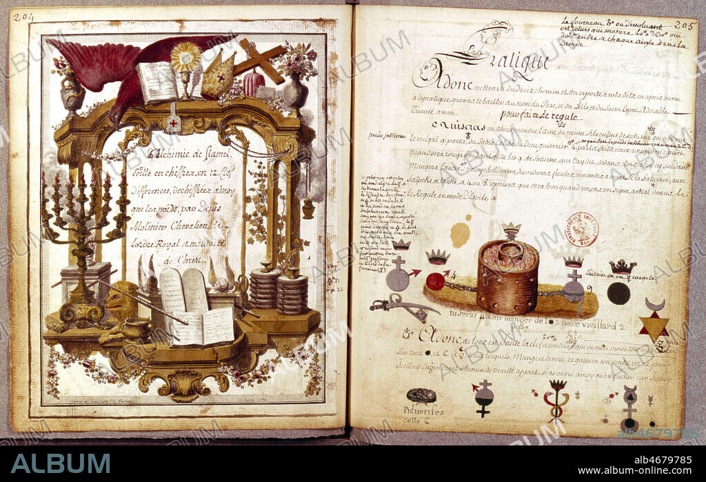 Manuscrit de l'Alchimie de Nicolas FLAMEL (1330-1418): page 2 de la pratique du breviaire. Alchimie de Nicolas FLAMEL par le Chevalier Denys Molinier "pensionnaire du Roy, amateur de la Science hermétique". Sur la page de gauche frontispice "Alchimie de Flamel ecritte en chiffres en 12 clefs differentes chiffrees ainsi que le poids par Denys Molinier Chevalier de l'ordre royal et militaire du Christ" recueil daté 1773 Credit: Collection Kharbine-Tapabor.