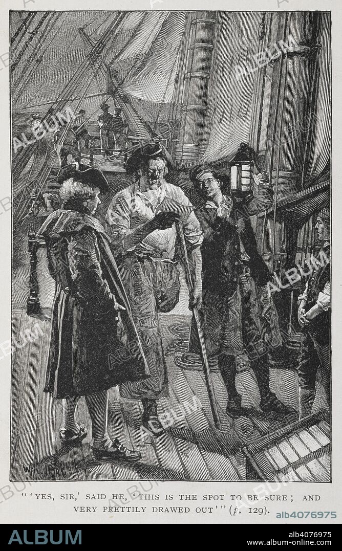 ROBERT LOUIS BALFOUR STEVENSON and WALTER PAGET. Long John Silver, Captain Smollett and Jim Hawkins looking at a chart. Treasure Island ... New edition, with original illustrations by Wal Paget. London : Cassell & Co., 1899. Source: 012624.f.3 page 127. Language: English.