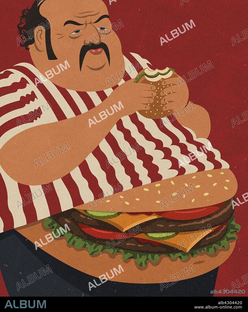 Overweight man eating fast food with large cheeseburger stomach.