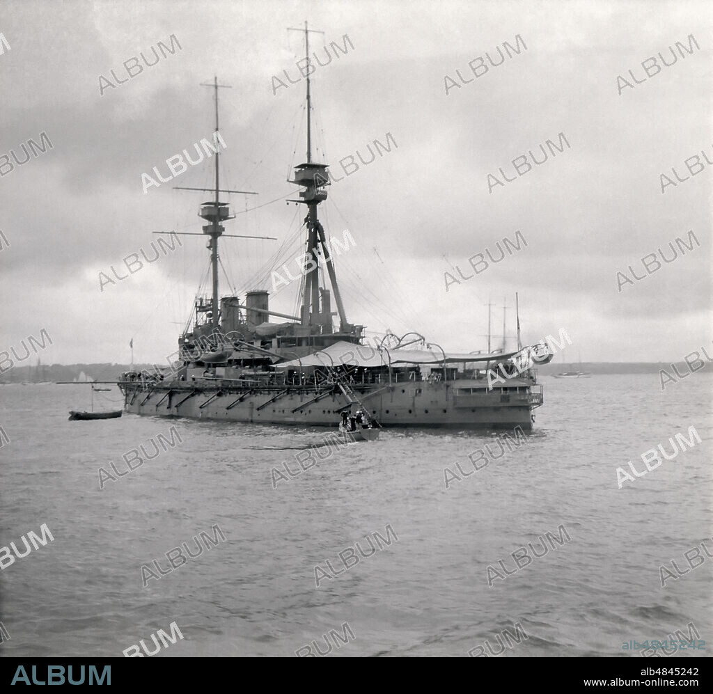 Victorian Stereoview negative from circa 1900 for viewing thought a stereoscope. HMS Agamemnon 'Lord Nelson' Class Battleship.Completed: June 1908.  A pre-Dreadnought, completed after HMS Dreadnought as the turrets & guns destined for her sister ship HMS .