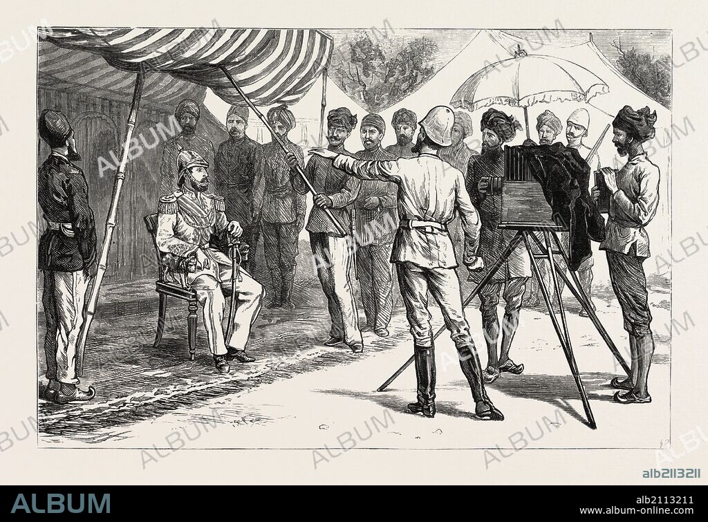 MR. BURKE POSING THE AMEER, THE AMEER YAKOOB KHAN AT GANDAMAK, AFGHAN WAR, engraving 1882.
