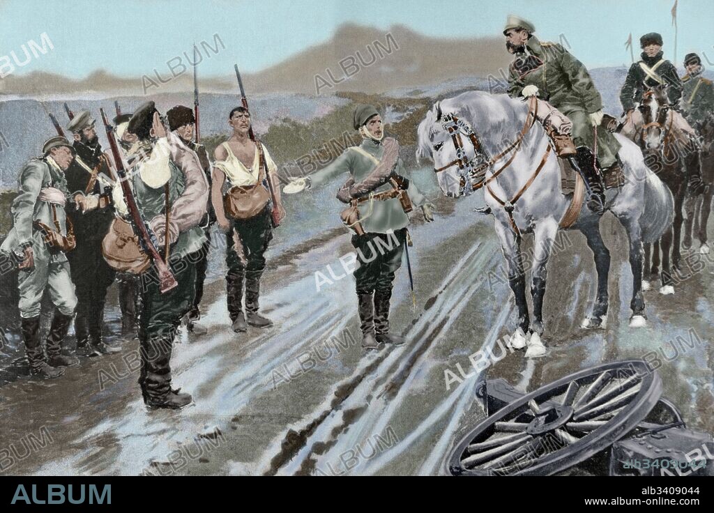 GUERRA RUSO-JAPONESA (1904-1905). Japón entró en guerra con Rusia con la finalidad de asegurarse intereses capitales en Corea y sur de Manchuria. "Episodio ocurrido después de la batalla de Cha-Ho" (Dibujo de F. Matania). Después de la batalla de Cha-Ho, un general de la división rusa encontró a un oficial de uno de sus regimientos, acompañada de 10 soldados. ¿Por qué habeis abandonado vuestro regimiento?. - ¿El regimiento?. Aquí está todo. La Ilustración Artística. Siglo XX. Imagen coloreada.