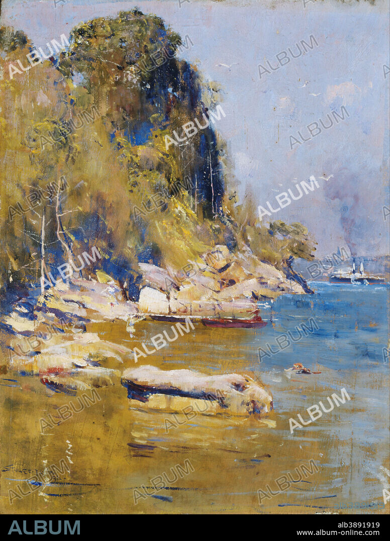 ARTHUR STREETON. From my camp (Sirius Cove). Date/Period: 1896. Painting. Oil on plywood. Height: 28 cm (11 in); Width: 21.5 cm (8.4 in).