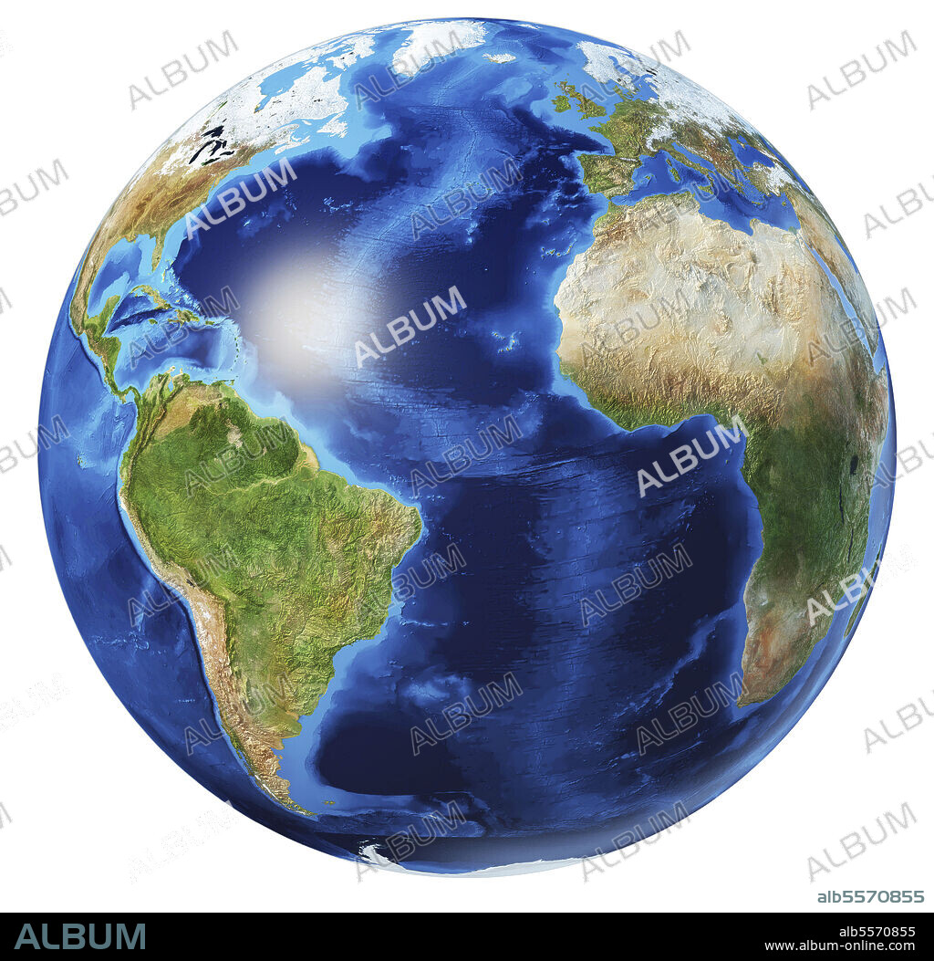 3D illustration of planet Earth globe on white background, centered on the Atlantic Ocean, without clouds.