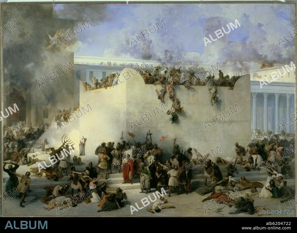 Zerstörung des Tempels von Jerusalem durch die Römer unter Titus, 30. August. 70 n. Chr. "Die Zerstörung des Tempels von Jerusalem". Gemälde, 1867, von Francesco Hayez (1791-1882). Öl auf Leinwand, 182 × 282 cm. Inv. Nr. 441. Venedig, Galleria dell'Accademia.