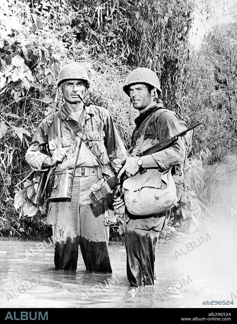 JEFF CHANDLER and TY HARDIN in MERRILL'S MARAUDERS, 1962, directed by SAMUEL FULLER. Copyright WARNER BROTHERS.