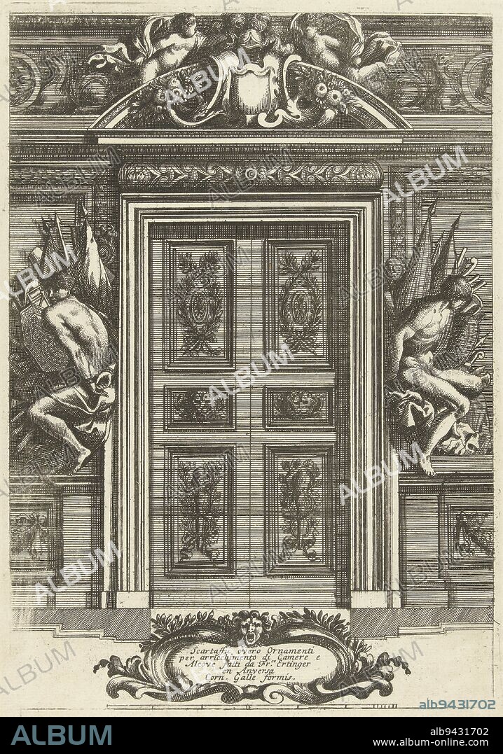 Richly decorated door with a cornice, wood paneling on both sides with armorial trophies and chained slaves With upstand and plan at bottom From series of 6 sheets with ornamental panels and doors for rooms and alcoves, Title page: Scartaffii overo ornamenti Scartaffii overo ornamenti on object Scartaffii overo ornamenti , print maker: Franz Ertinger, (mentioned on object), Jean Lepautre, publisher: Cornelis Galle (II), (mentioned on object), Antwerp, after 1657 - before 1678, paper, etching, engraving, h 210 mm × w 145 mm.