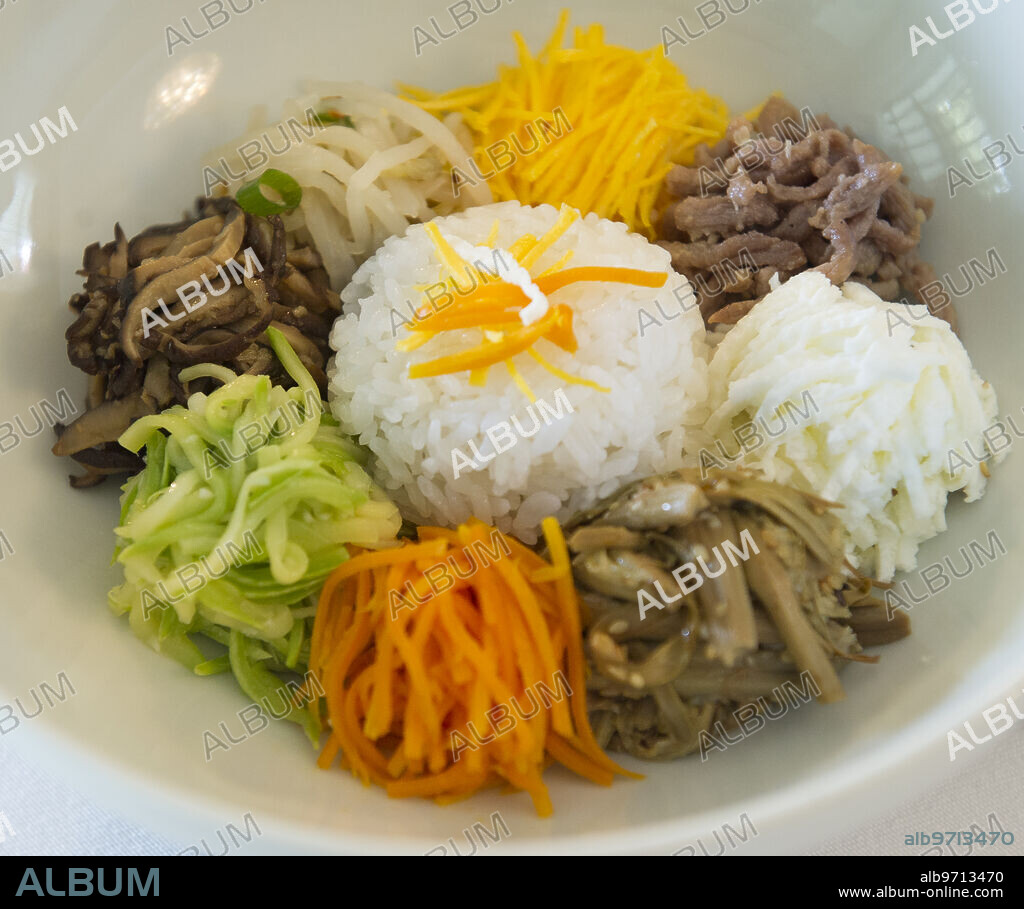 05/27/2014. Madrid. Spain. Residence of the Ambassador of the Republic of Korea. Korea. Ambassador PARK Hee-Kwon and his wife Jee Hyeon Lee offer lunch and pose for photos in the report "The Embassy Kitchen." In the image, a bowl of rice, meat, zucchini, egg yolk and white, bean sprouts, carrot, kushari and marinated mushrooms. Photo: DE SAN BERNARDO. archdc.