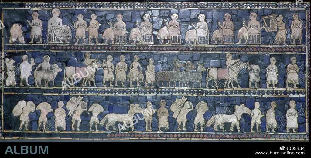 The Standard of Ur from a Royal tomb at Ur, southern Iraq, about 2600-2400 BC. Inlay of shell, red limestone, and lapis lazuli in Bitumen on a hollow box. The main panels are known as 'War' and 'Peace'. From the British Museum's collection.
