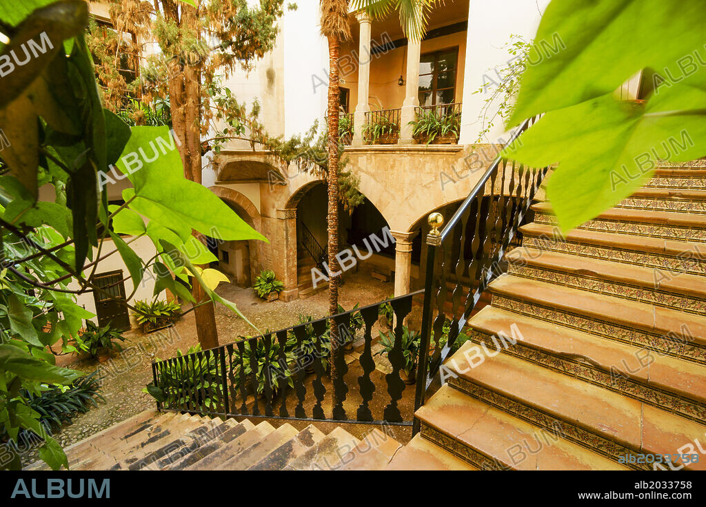 Traditional patio in Can Catlar of Llorer, Historic Center, Palma, Mallorca, Balearic Islands, Spain.