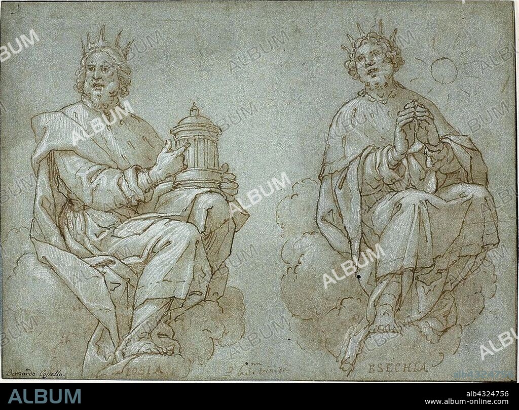 Two Seated Kings of Judah, Josiah and Hezekiah, 1591, Bernardo Castello, Italian, 1557-1629, Italy, Pen and brown ink with brush and pale brown wash, heightened with lead white (partly oxidized), on blue laid paper, laid down on ivory wove paper, 198 x 267 mm (max.).