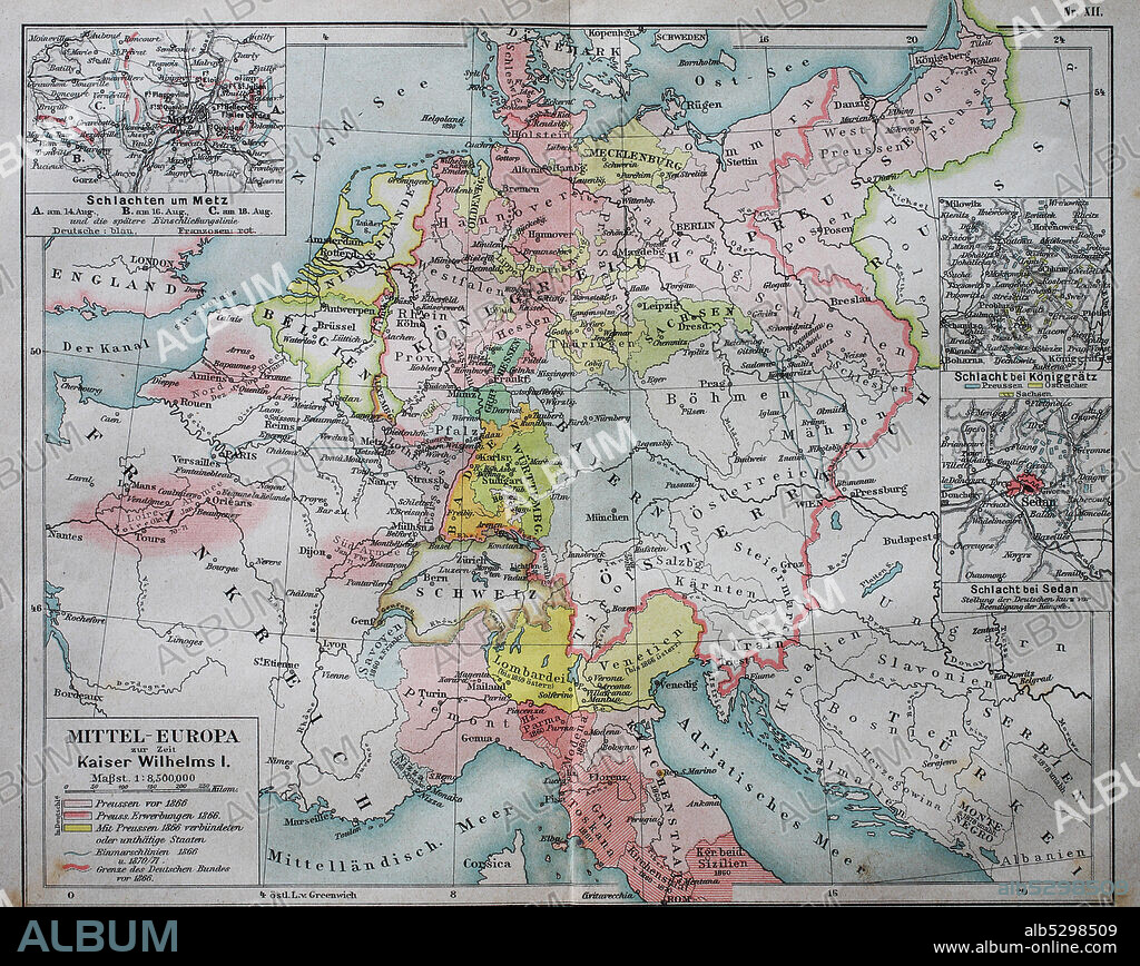 Historical map of central Europe from the time of emperor Wilhelm I.  /  Historische Landkarte von Mitteleuropa zur Zeit von Kaiser Wilhelm I..