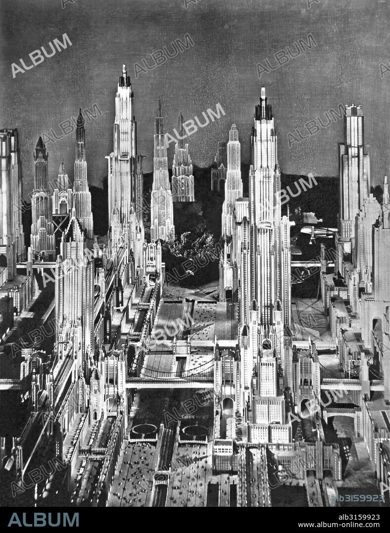 New York, New York: 1930. A view of a futuristic city in 1980 in a still from the sci-fi fantasy film, 'Just Imagine', directed by David Butler.