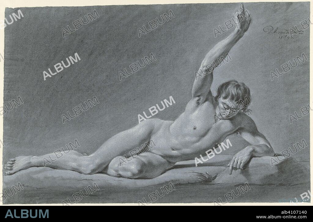 Lying male nude with raised arm. Draughtsman: Derk Anthony van de Wart (mentioned on object). Dating: 18-Jan-1796. Measurements: h 327 mm × w 501 mm.