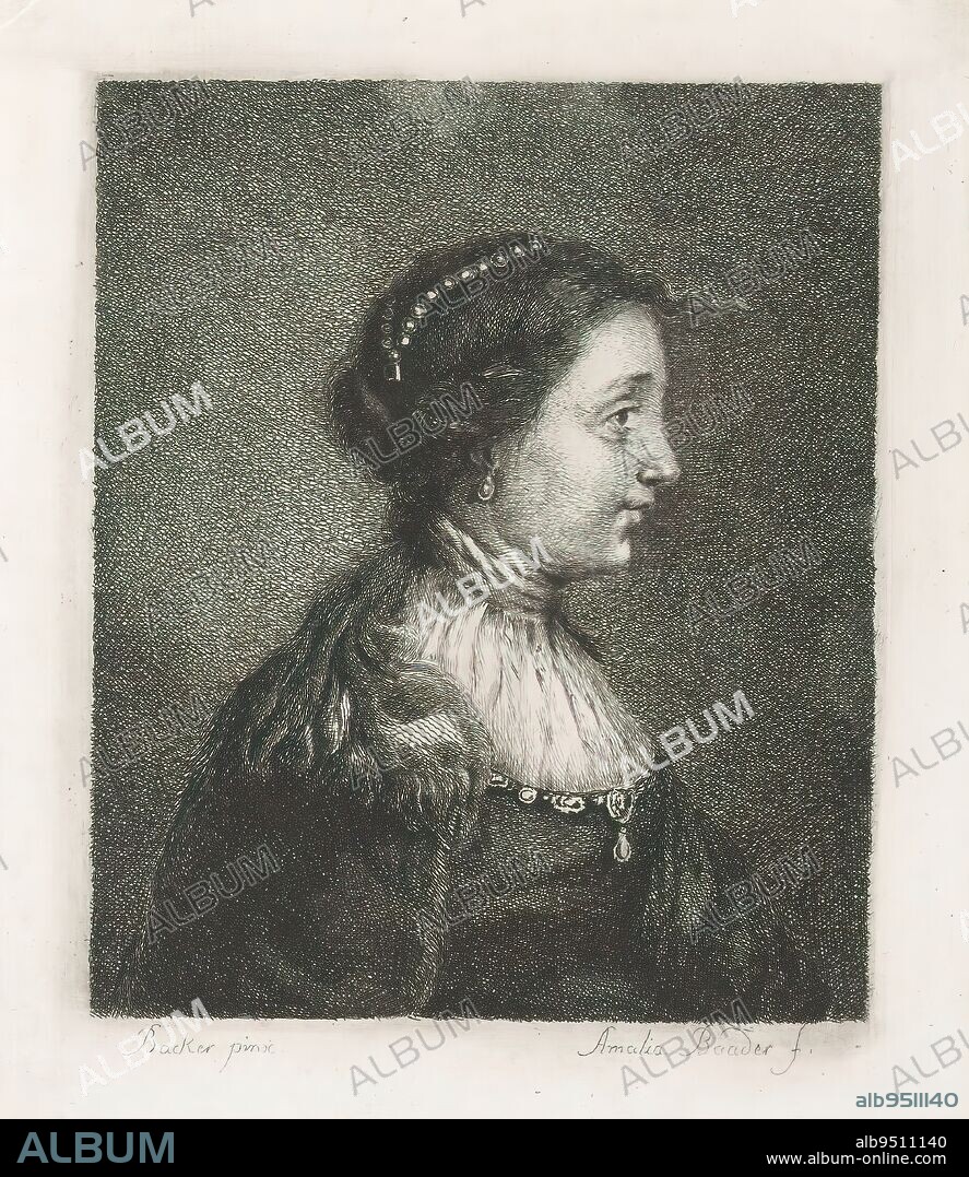 Bust of a woman with pearls in her hair, print maker: Amalie Baader, (mentioned on object), after painting by: Jacob Adriaensz. Backer, (mentioned on object), print maker: Germany, after painting by: Netherlands, 1773 - c. 1840, paper, etching, height 220 mm × width 173 mm.