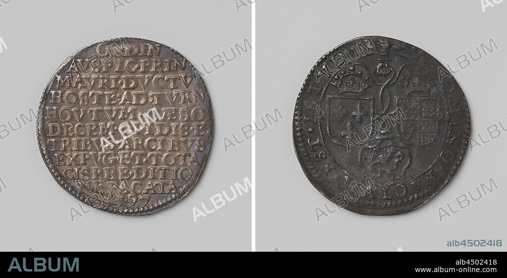 Victory in the battle of Turnhout and the capture of ten cities and three reinforcements by Maurits, count of Nassau, Silver Medal. Front: inscription. Reverse: three coats of arms connected by ribbon within a circle, Turnhout, Rijnberg, Groenlo, Lingen, Ootmarsum, Enschede, Bredevoort, Alps, Meurs, Oldenzaal, Maurits (Prince of Orange), anonymous, Dordrecht, 1597, silver (metal), striking (metalworking), d 2.9 cm × w 6.17 gr.