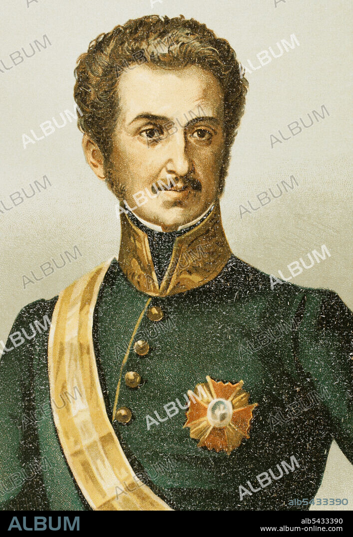 Luis Fernández de Córdoba y Valcárcel (Cádiz, 1798-Lisboa, 1840). Teniente general español. De ideas absolutistas, durante el reinado de Fernando VII se sublevó contra el gobierno durante el Trienio Liberal, siendo uno de los promotores de la fracasada sublevación de la Guardia Real en Madrid el 7 de julio de 1822, motivo por el que tuvo que exiliarse en Francia. Retrato. Cromolitografía. Historia General de España por Miguel Morayta. Tomo VII. Madrid, 1893.