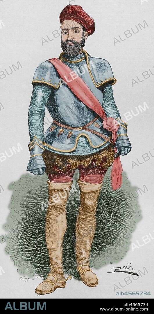 Diego García de Paredes y Torres (1466-1534). Más conocido como El Sansón de Extremadura. Militar español. Grabado. "Museo Militar del Ejército Español", Tomo I. Evaristo Ullastres Editor. Barcelona, 1883. Coloreado.