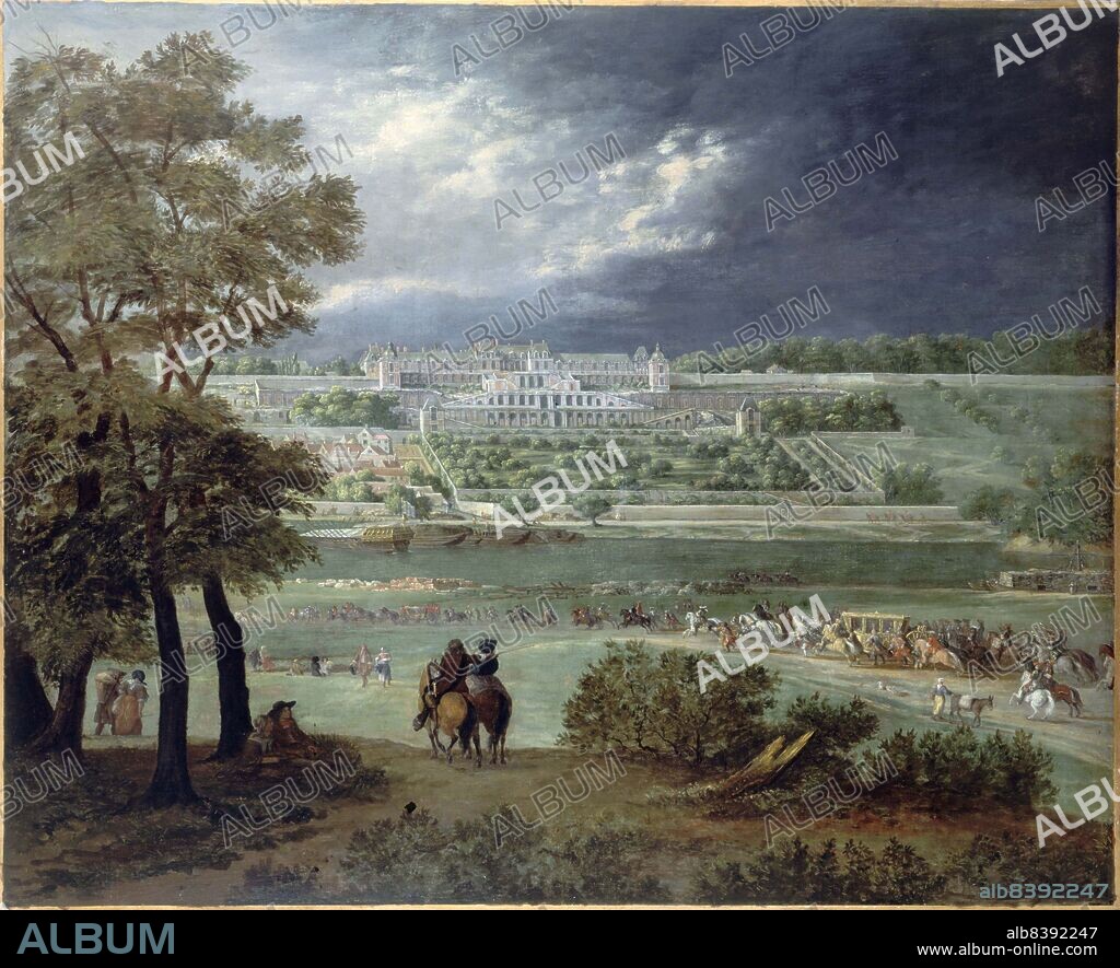 ADAM FRANS VAN DER MEULEN. Chateau Neuf de Saint-Germain-en-Laye and gardens, seen from the right bank of the Seine; During reconstruction of the grand terrace and grand parterre, between March 1, 1664 and March 17, 1665.