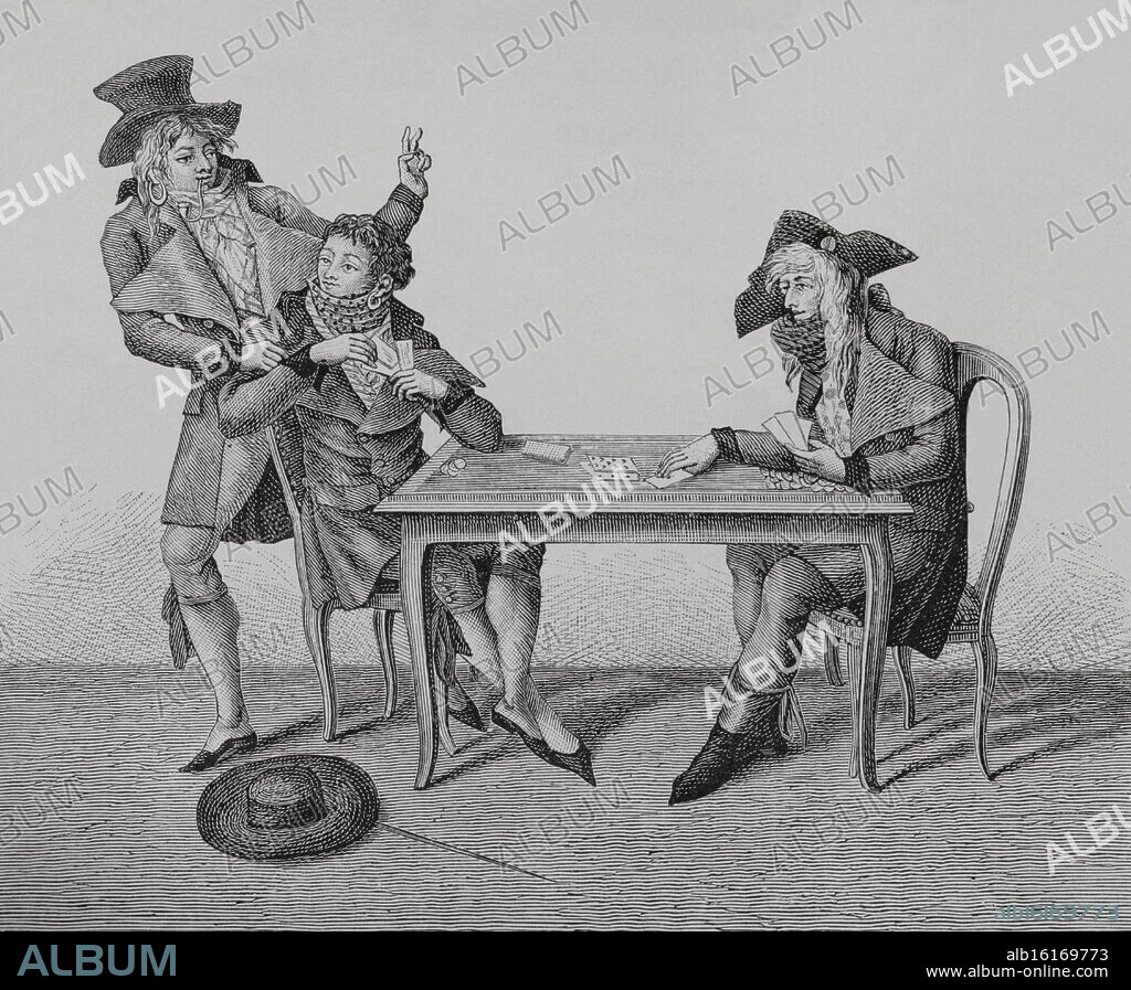 SALVATORE TRESCA (C. 1750-C. 1815). ITALIAN ENGRAVER ACTIVE IN FRANCE. LOUIS LÉOPOLD BOILLY (1761-1845). FRENCH ARTIST.. Francia. "Les Croyables au tripot". Hombres jugando a las cartas, finales del siglo XVIII. Tramposos desplumando a una víctima durante una partida de cartas. Los tres visten al estilo "incroyable", con grandes sombreros, chalinas altas, redingotes con grandes solapas, calzones y botas. Ilustración por Louis Leopold Boilly (1761-1845). Grabado por Salvatore Tresca (h. 1750-h. 1815), marzo de 1797. "Directoire, Consulat et Empire. Moeurs et usages, lettres, sciences et arts. France, 1795-1815" (Directorio. Consulado e Imperio. Costumbres y tradiciones, letras, ciencias y artes. Francia, 1795-1815), por Paul Lacroix. Publicado en París, 1884.