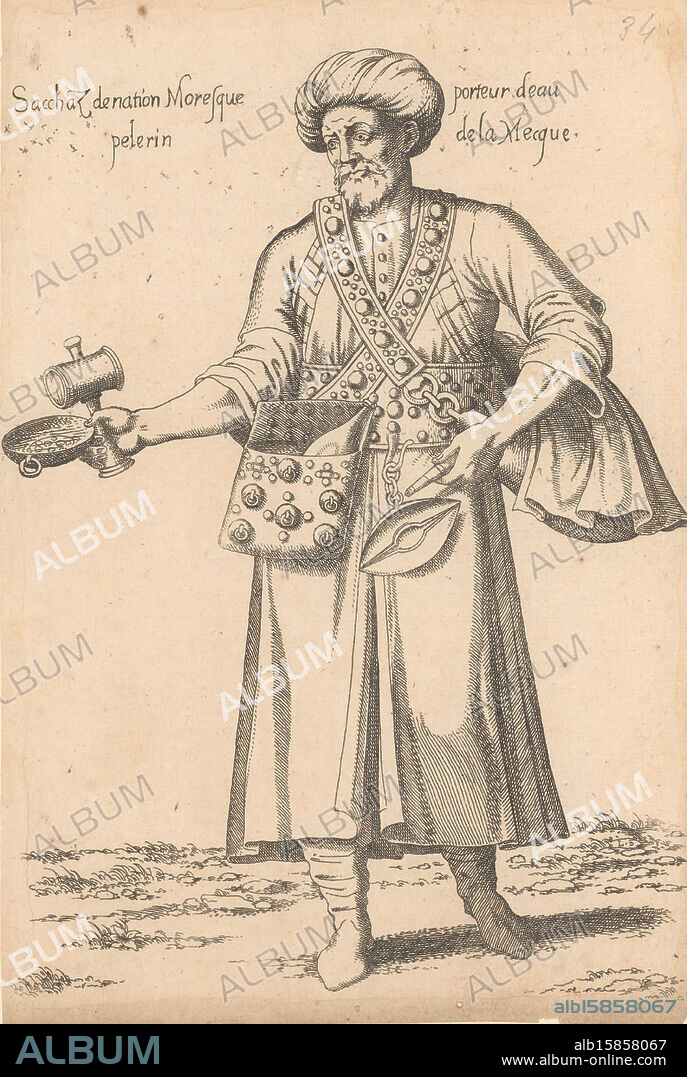Water-bearing 'Sacchaz' (pilgrim from Mecca), Sacchaz de nation Moresque porteur d'eau pelerin de la Mecque (title on object), Print is part of an album., print maker: Léon Davent, after drawing by: Luca Penni, (attributed to), after drawing by: Nicolas de Nicolay, (possibly), Lyon, 1555 - 1568, paper, etching, height 270 mm × width 180 mm, print.