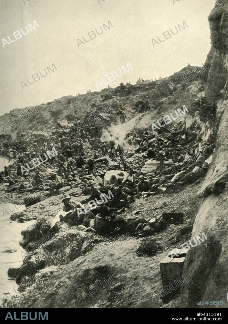 'The Landing at Suvla Bay', Gallipoli peninsula, First World War, 1915, (c1920). British Reserves on the beach between Cape Suvla and Salt Lake awaiting the order to advance'. The Gallipoli peninsula in Turkey was the scene of heavy fighting between the allied forces of the British Empire including Australia, and New Zealand, and the Turkish Ottoman Empire. From "The Great World War - A History" Volume IV, edited by Frank A Mumby. [The Gresham Publishing Company Ltd, London, c1920].