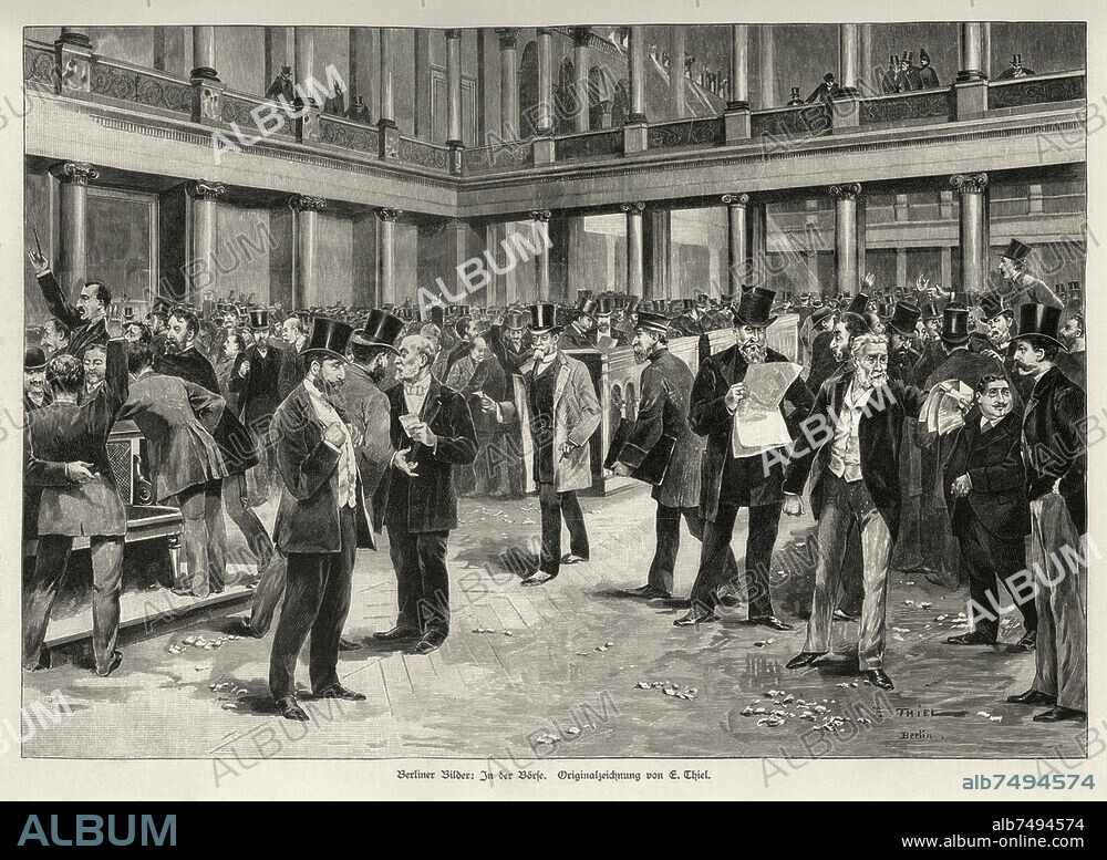Berlin, Börse, Burgstraße (1859-64 erbaut von Friedrich Hitzig). "Berliner Bilder: In der Börse". Holzstich, 1889, nach Zeichnung von Ewald Thiel (geb. 1855). Aus: Illustrirte Zeitung, 92. Bd., Nr. 2376 Leipzig und Berlin, 12. Januar 1889, S. 35. Berlin, Sammlung Archiv für Kunst und Geschichte.