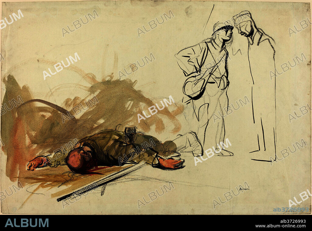 JEAN-LOUIS FORAIN. Dead German Soldier. Dated: c. 1914/1919. Dimensions: overall: 37.1 x 54.2 cm (14 5/8 x 21 5/16 in.). Medium: brush and black ink and black crayon with watercolor on laid paper.