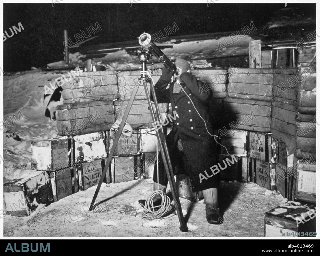 'Commander Evans observing an Occulation of Jupiter', Antarctica, 1910-1912. Edward Evans (1881-1957) was second in command of Captain Scott's Antarctic expedition of 1910-1913. He led the last supporting party to accompany Scott's polar team, but was taken seriously ill with scurvy on the return to the expedition's base. As a result he was sent home aboard the 'Terra Nova' in March 1912, but returned the following year to pick up the surviving members of the ill-fated expedition. From Scott's Last Expedition, the journals of Captain Robert Falcon Scott.
