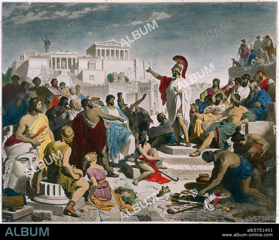 PHILIPP FOLTZ. Périclès, homme politique athénien, vers 500 av. J.-C. 429 av. J.-C. "Das Zeitalter des Perikles" (Le Siècle de Périclès). (Rassemblement des artistes, poètes et philosophes les plus connus de l'époque). Impr., coloriée post., d'ap. le tableau, 1852, de Philipp von Foltz (1805-1877).