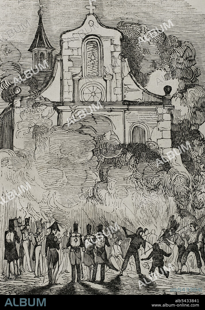 Historia de España. Cataluña. Primera Guerra Carlista (1833-1840). Motines anticlericales de 1835. Revueltas contra las órdenes religiosas que se produjeron como consecuencia del apoyo que éstas daban al bando carlista. Bullanga de Reus (noche del 22 de julio de 1835). Incendio del convento franciscano de Reus. Grabado. Panorama Español, Crónica Contemporánea. Tomo III. Madrid, 1845.