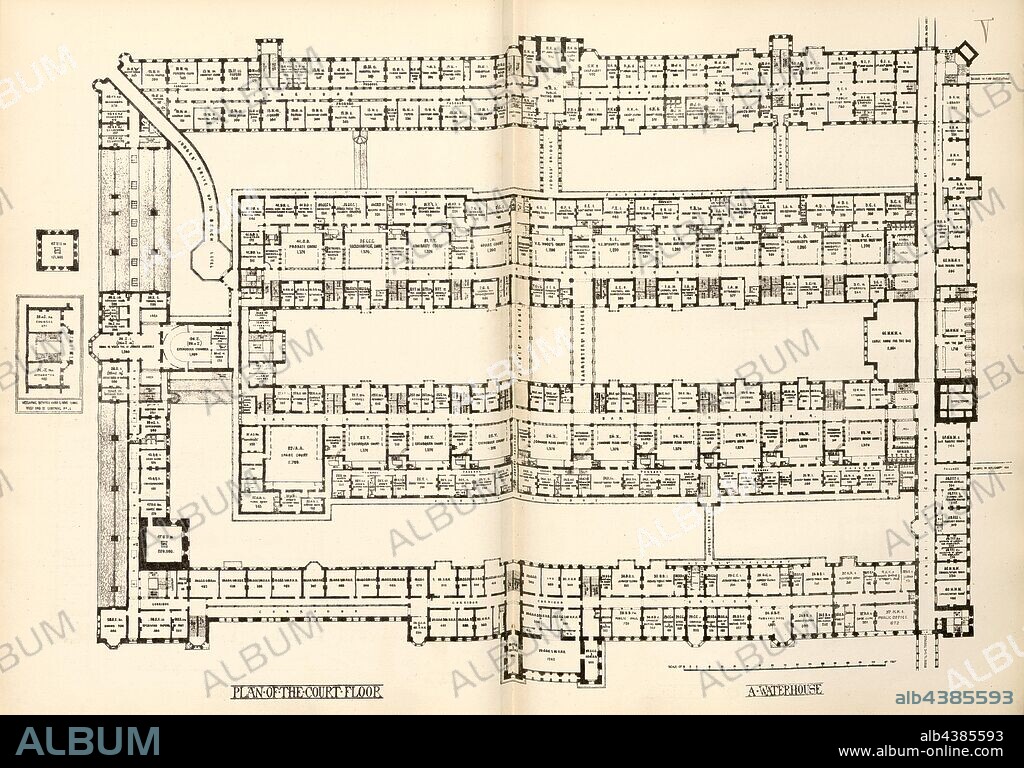 Plan of the Court Floor, Plan of the courtrooms of the Royal Courts of Justice in London after Alfred Waterhouse, Taf. V, after p. 24, Alfred Waterhouse: General description of design: courts of justice competition. London: printed by George E. Eyre and William Spottiswoode: Her Majesty's Stationery Office, 1867.
