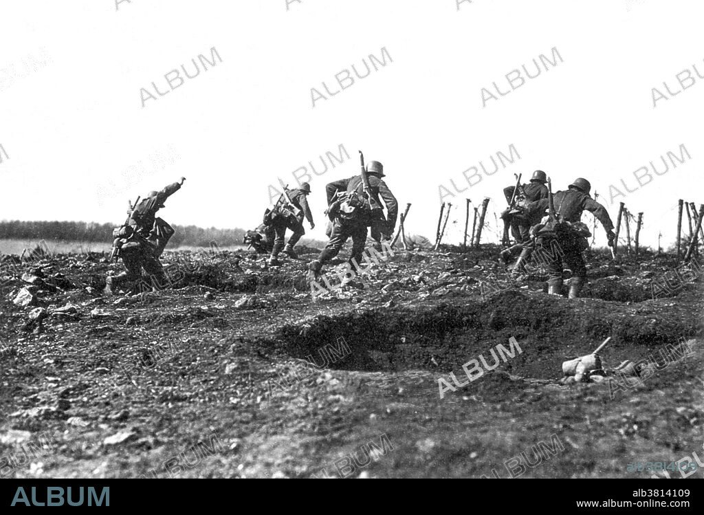 German stormtroopers in action. The 1918 Spring Offensive was a series of German attacks along the Western Front during World War I, beginning on March 21, 1918, which marked the deepest advances by either side since 1914. The Germans knew that their only chance of victory was to defeat the Allies before the overwhelming human and materiel resources of the United States could be deployed. The Germans were unable to move supplies and reinforcements fast enough to maintain their advance. By late April 1918, the danger of a German breakthrough had passed. Stormtroopers were specialist soldiers of the German Army in WWI. In the last years of the war, Stormtroopers were trained to fight with infiltration tactics, part of the Germans' new method of attack on enemy trenches. Men trained in these methods were known in Germany as Sturmmann and were formed into companies of Sturmtruppen.