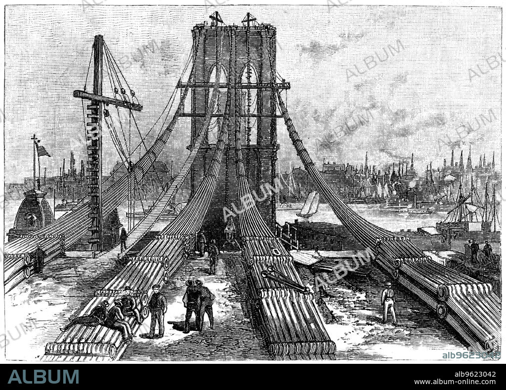 ANON. Brooklyn Suspension Bridge, New York, USA: cable anchorage on the Brooklyn shore, 1883. Designed by John Augustus Roebling (1806-1869), who died of Tetanus (Lockjaw) sixteen days after his foot was crushed in an accident on 6 July 1869 during early work in the construction, the bridge was completed by his son Washington Augustus Roebling (1837-1926) and was opened in 1883.