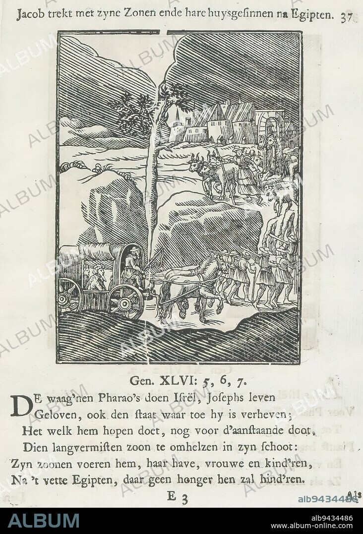 Jacob with his family on their way to Egypt, Jacob treks with zyne zonen ende hare huysgesinnen na Egipten (title on object), Jacob is with his family in a wagon on his way to Egypt. Above the scene is a title. Below are six verses and a reference to Genesis 46: 5-7. The print is part of an album., print maker: Christoffel van Sichem (II), (mentioned on object), print maker: Christoffel van Sichem (III), (mentioned on object), publisher: Jan Klooster, Amsterdam, 1645 - 1646 and/or 1740, paper, letterpress printing, height 110 mm × width 81 mm, height 172 mm × width 134 mm.