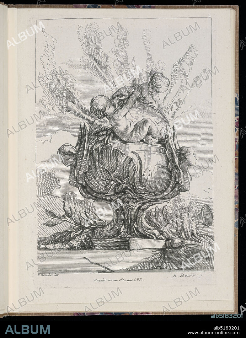 Plate 3, Livre de vases (Book of Vases), François Boucher, French, 1703 1770, A. Bouchet, French, active ca. 1730-1740, Chez Le Pere et Avaulez, Paris, France, Etching on cream laid paper, Folio 3, plate 3 of a series of 12. Folio 2, plate 2 of a series of 12. Design for a vase or perfume burner to be executed in metal with curving fluted forms, placed on a pedestal. Two climbing figures of putti decorate the lid. At the sides, busts of winged female figures. At the front, a shell-like form. Smoke clouds in the background. At the base of the vase, leafy branches., Paris, France, 173872, metalwork, Bound print, Bound print.